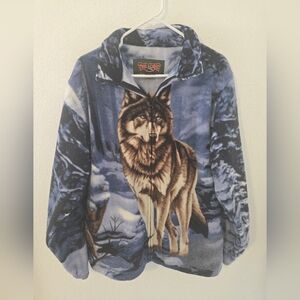 Vintage Trail Crest Wolf Animal Fleece Wood Outdoors Wolves Jacket Mens Large